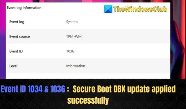 ID de evento 1034 ou 1036: atualização DBX de inicialização segura aplicada com êxito