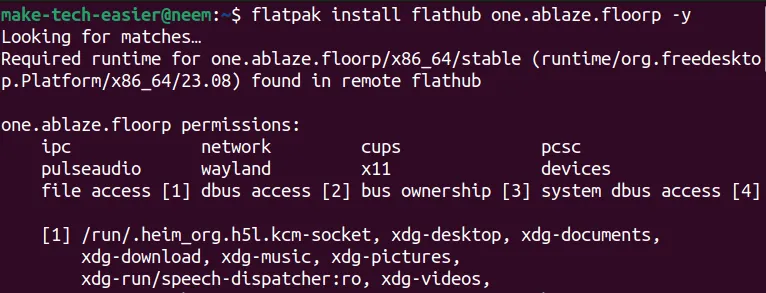 Comando di installazione Flatpak per Floorp