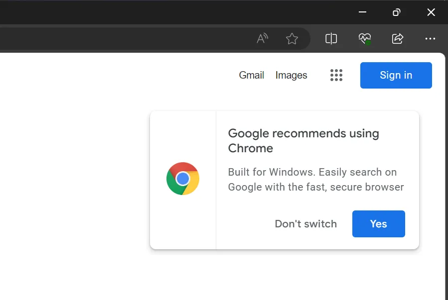 Wyskakujące okienko Google Chrome w przeglądarce Edge