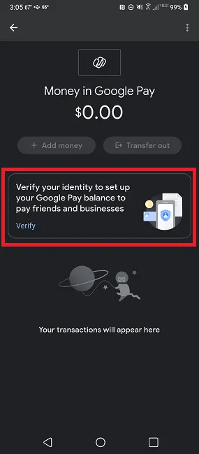 Google Pay で本人確認のプロセスを開始します。