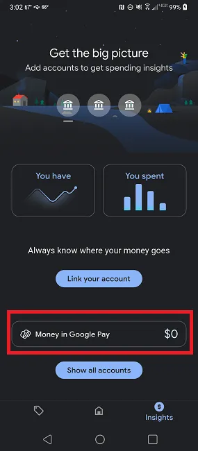 Google Pay-app toont beschikbaar geld.