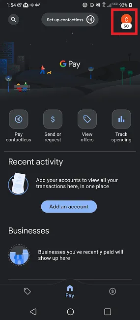 Tela principal do Google Pay com perfil em destaque.
