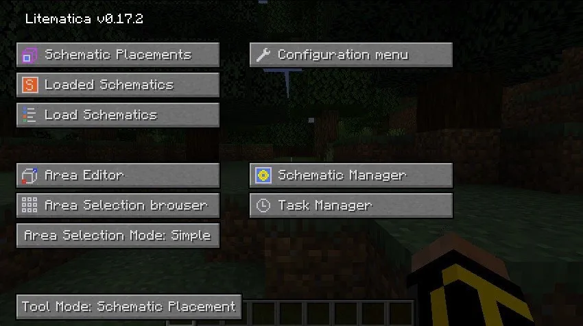 Zrzut ekranu klienta Minecrafta z uruchomioną Litematicą.