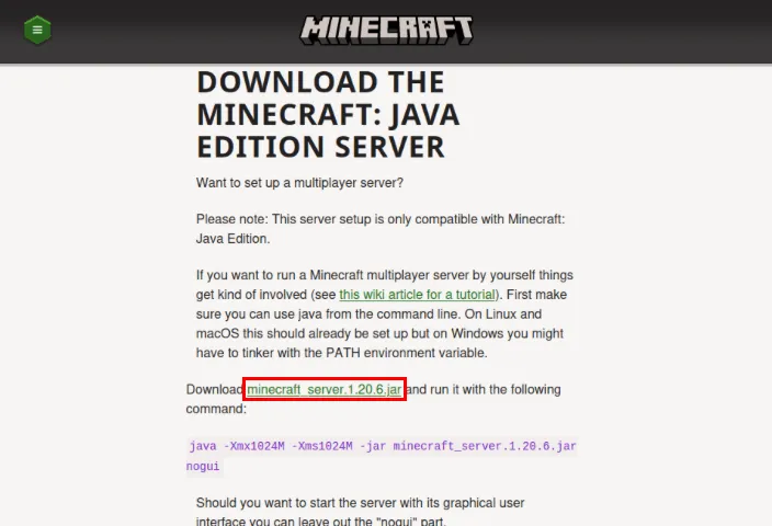 Uno screenshot che mostra la posizione del collegamento di download per il server Minecraft.