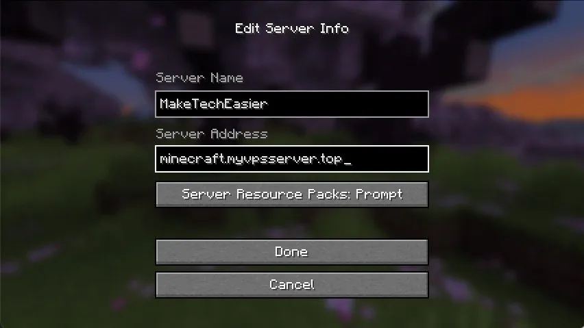Uno screenshot che mostra la richiesta dei dettagli del server nel client Minecraft.