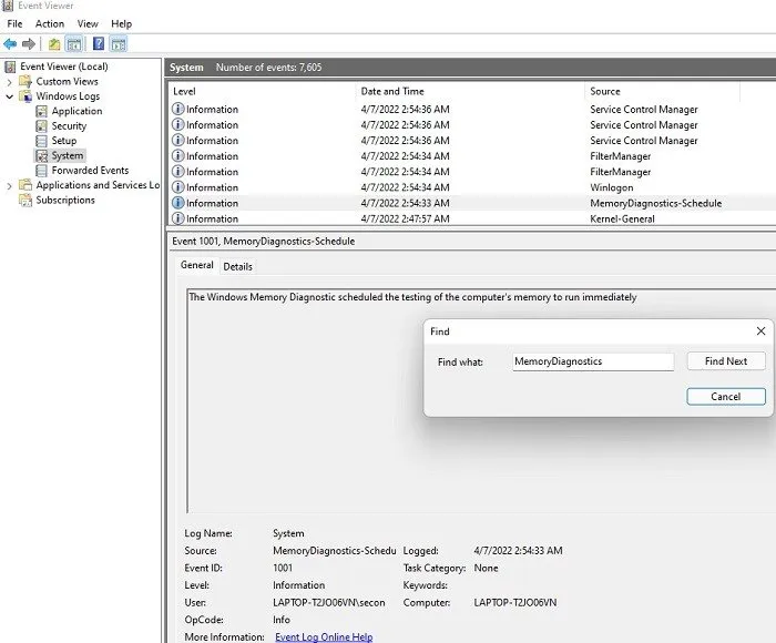 Hoe Windows Memory Diagnostic Tool te gebruiken om geheugenproblemen te vinden Event Viewer-resultaten