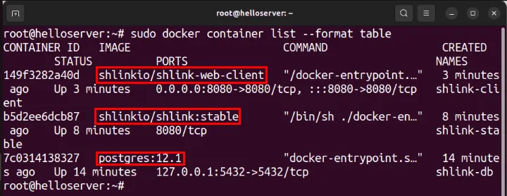 Un terminale che mostra i diversi contenitori Docker in esecuzione per mantenere Shlink.