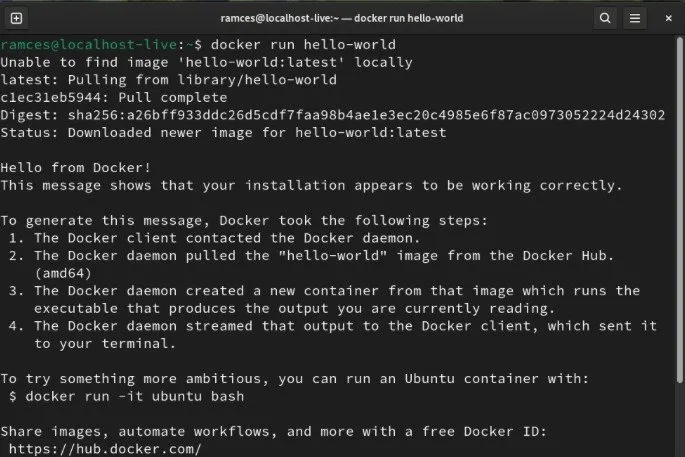 Terminal pokazujący kontener hello-world w Fedorze Linux.