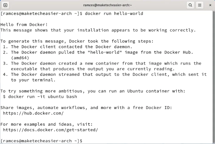 Terminal pokazujący kontener Docker hello-world działający w systemie Arch Linux.
