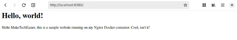 Dockerized Nginx 인스턴스에서 실행되는 기본 웹 사이트를 보여주는 스크린샷.