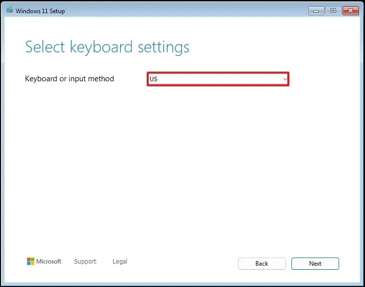 Tastaturoption für Windows 11-Setup