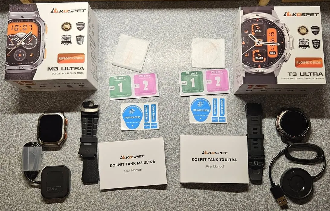 Kospet M3 en T3 Ultra horloges met alle accessoires.