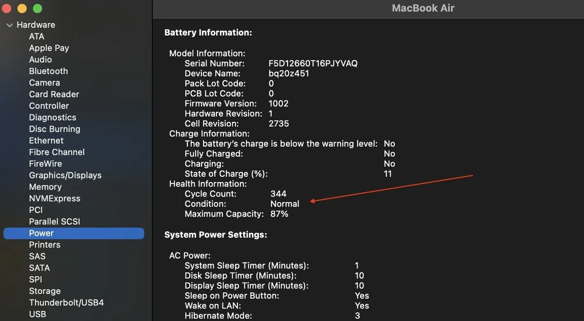 Informacje o stanie baterii MacBooka