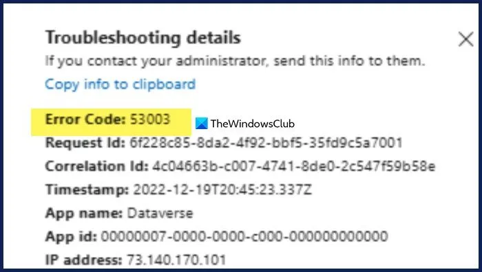 Código de error de Microsoft 365 53003