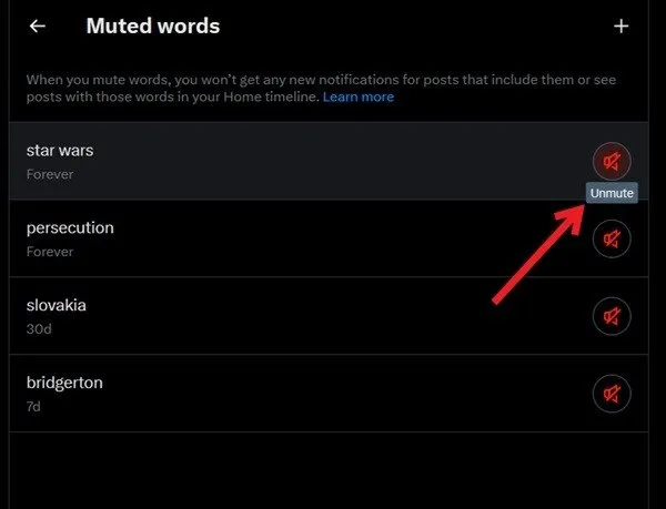 Presionar el botón Activar silencio para Word en Twitter en PC.