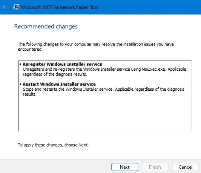 Executando a ferramenta Microsoft .NET Framework Repair com alterações recomendadas.