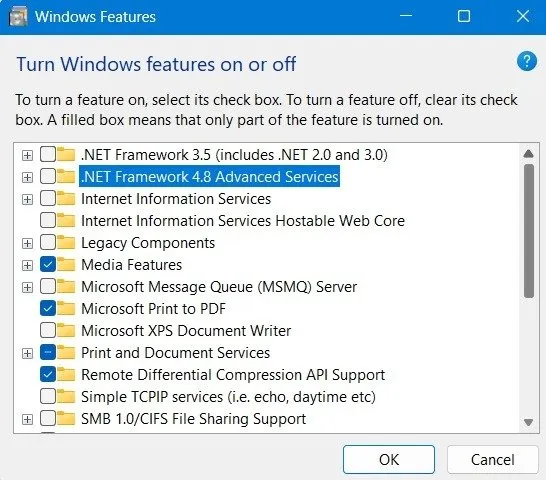 Desmarque as opções do .NET em Ativar ou desativar recursos do Windows.