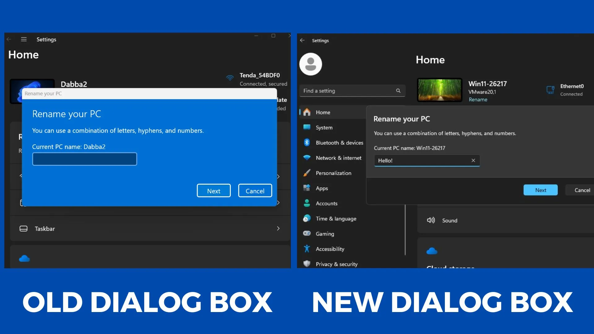 Altes und neues Dialogfeld zum Umbenennen Ihres PCs in Windows 11