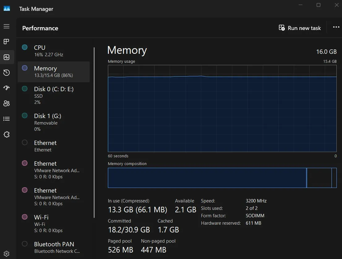 stary menedżer zadań pokazuje prędkość pamięci RAM w MHz w systemie Windows 11