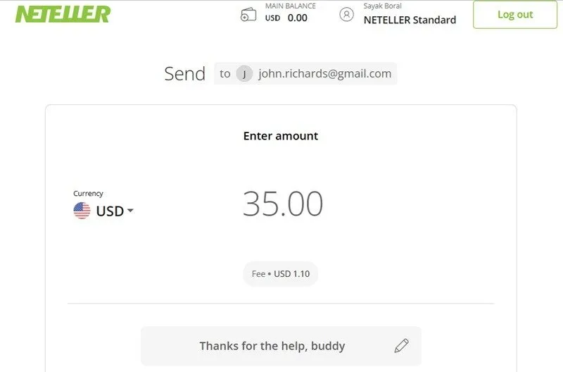 Invio di denaro tramite la dashboard di Neteller.