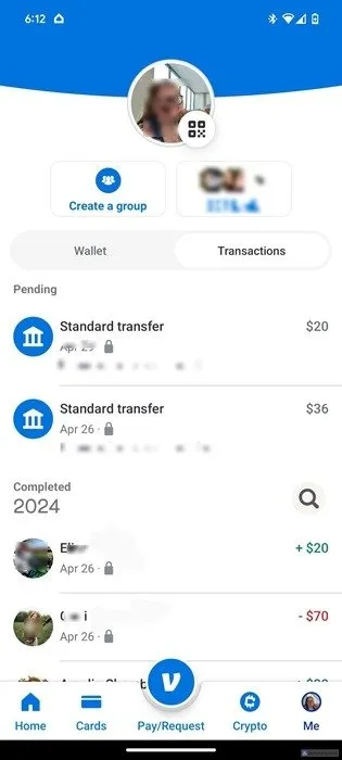 Venmo-app op een mobiel apparaat met een lijst met transacties.