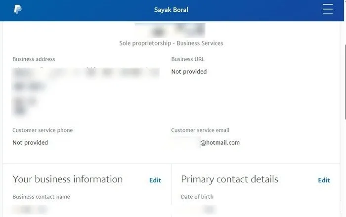 PayPal ダッシュボード内のビジネス情報の詳細。