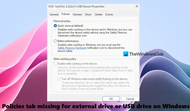Het tabblad Beleid ontbreekt voor externe schijf of USB-schijf in Windows 11