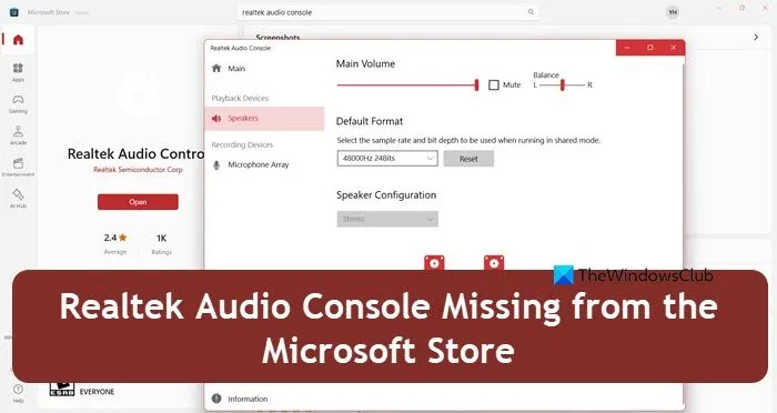 La consola de audio Realtek falta en Microsoft Store
