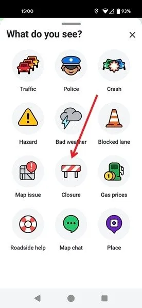 Tikken op de knop Sluiten in de Waze-app.
