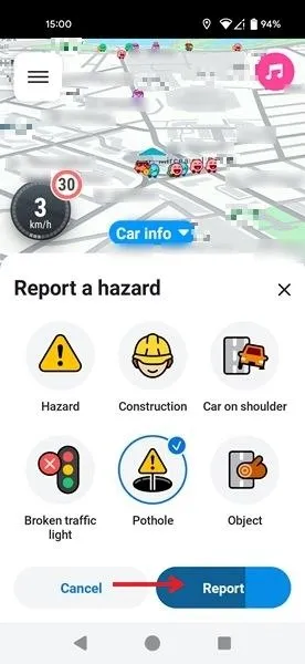 Waze 앱에서 위험 옵션을 보고합니다.