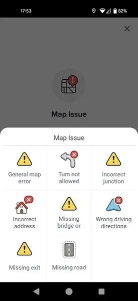 Opciones de problemas de mapas para informar en la aplicación Waze.