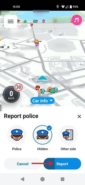 Opcje zgłaszania policji w aplikacji Waze.