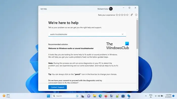 Voer Hulp vragen voor probleemoplosser voor audio uit in Windows 11
