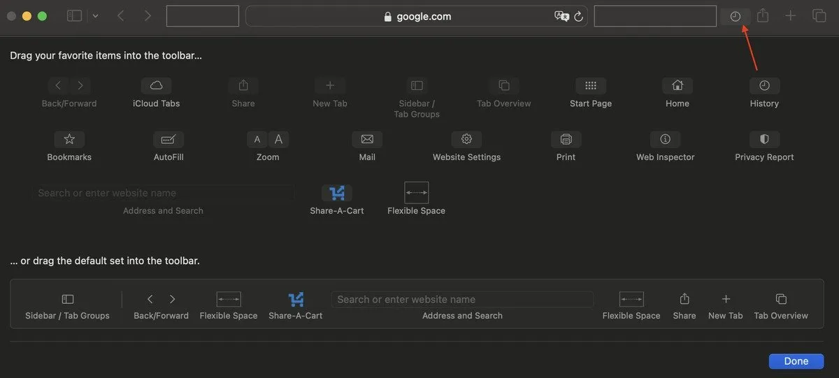 Safari Personalizza la barra degli strumenti Aggiungi cronologia alla barra degli strumenti