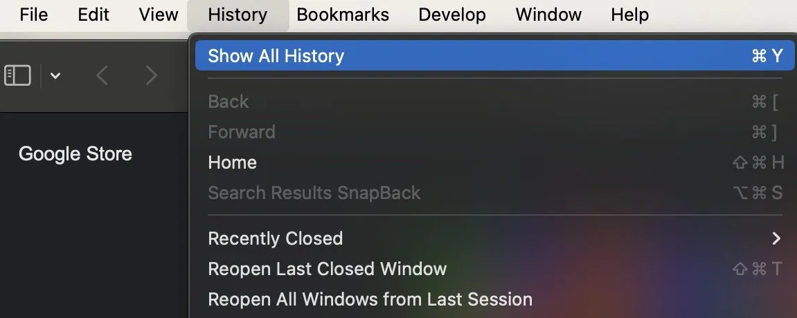 Menu del browser Safari: mostra tutta la cronologia