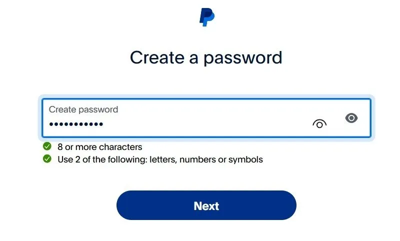 Crear una contraseña válida con símbolos alfanuméricos en su nueva cuenta PayPal.