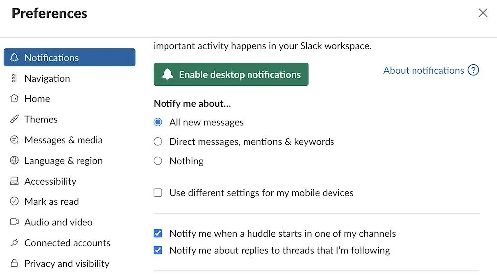 Configuración de notificaciones en la aplicación Slack