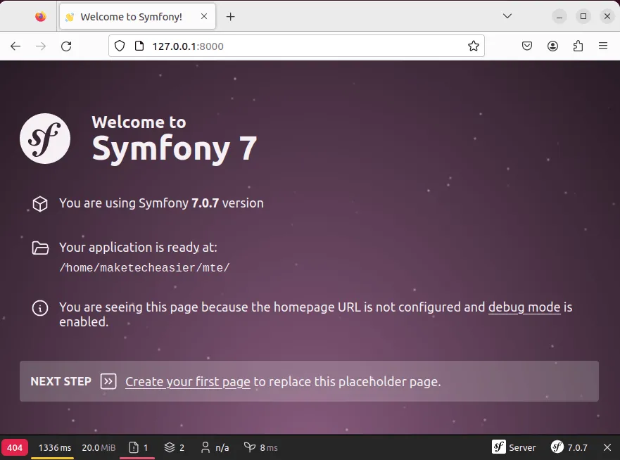 Página de bienvenida de la aplicación web Symfony