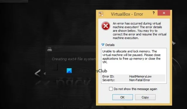 VirtualBox non è in grado di allocare e bloccare la memoria