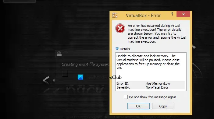 VirtualBox kann Speicher nicht zuordnen und sperren