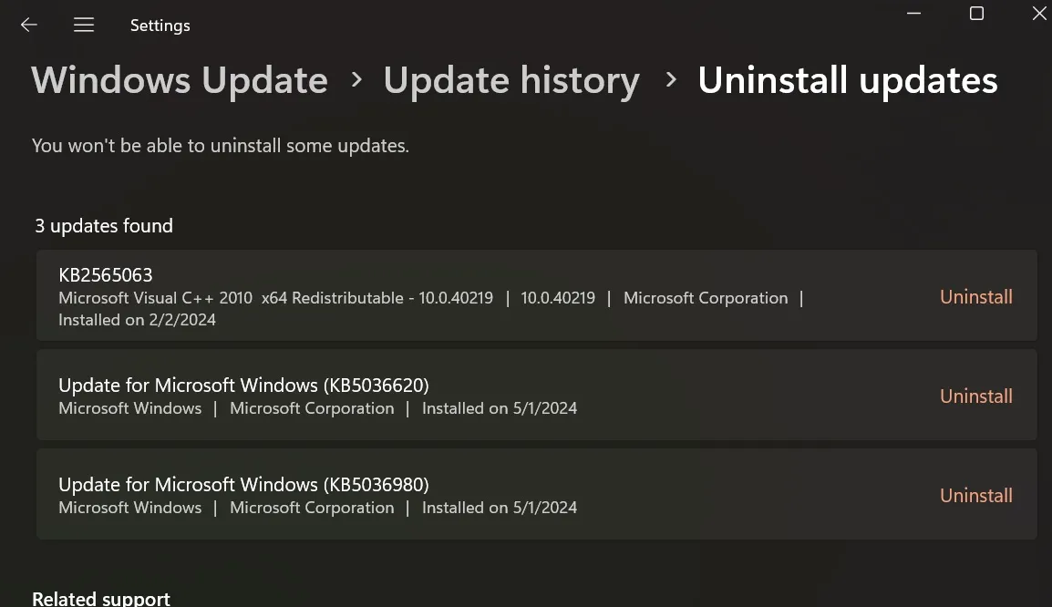 desinstalando a atualização KB5036980 no Windows 11