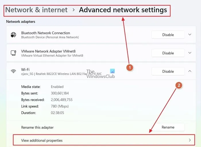 Afficher les propriétés réseau supplémentaires pour l'adaptateur Wifi