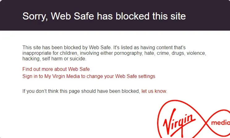 Erro do Virgin Media Web Safe