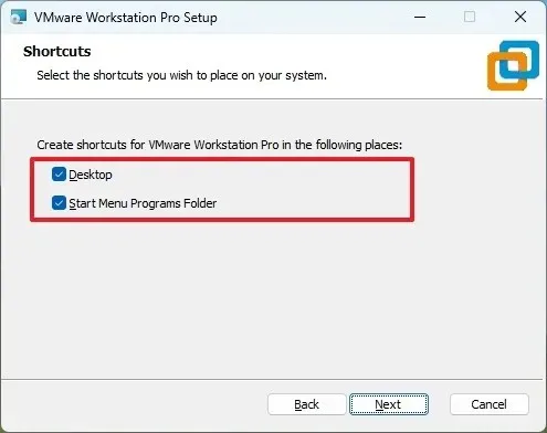 Raccourcis d'installation VMware