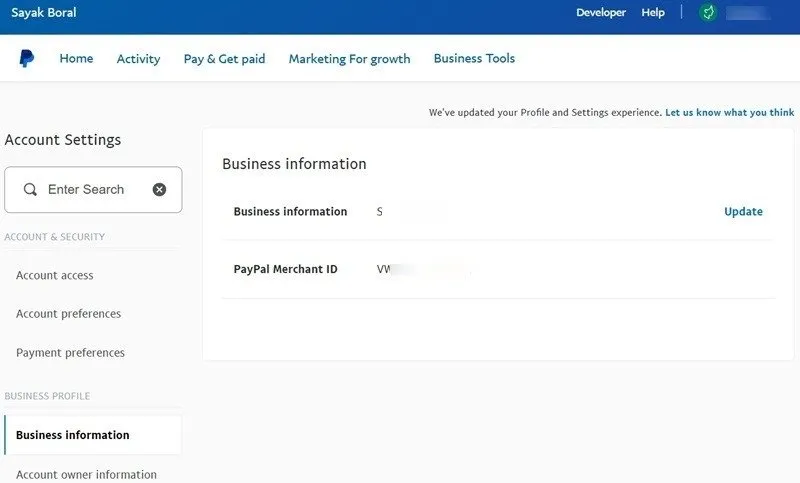 비즈니스 정보와 PayPal 판매자 ID가 포함된 PayPal 비즈니스 계정의 예입니다.