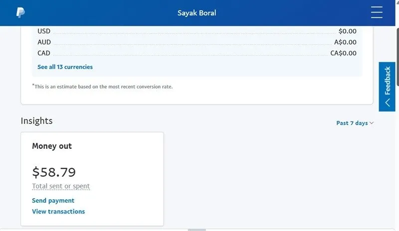 Un panel de PayPal verificado con saldo, monedas admitidas e información sobre transacciones.
