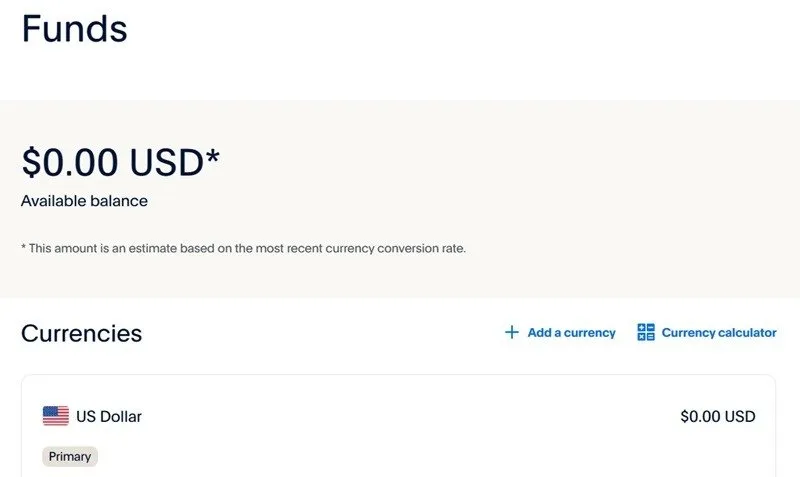 PayPal ダッシュボードには、資金セクションに新しい通貨を追加する方法が表示されます。