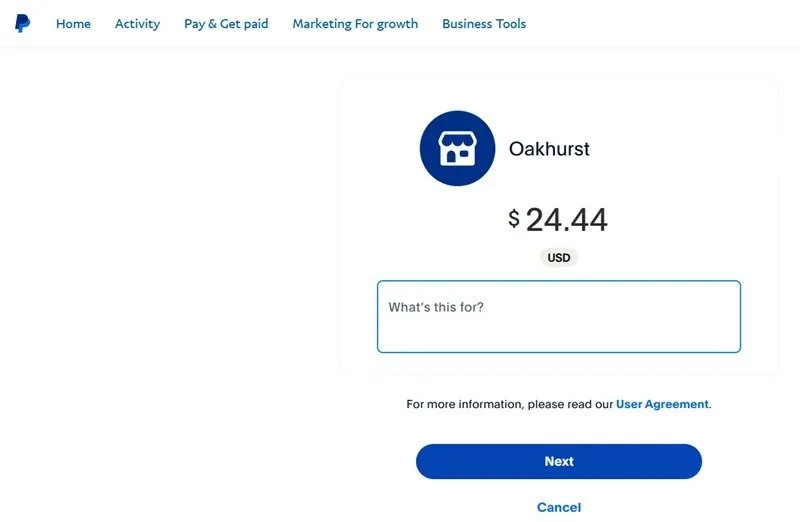 Senden einer USD-Zahlung an PayPal an einen verifizierten Benutzer.