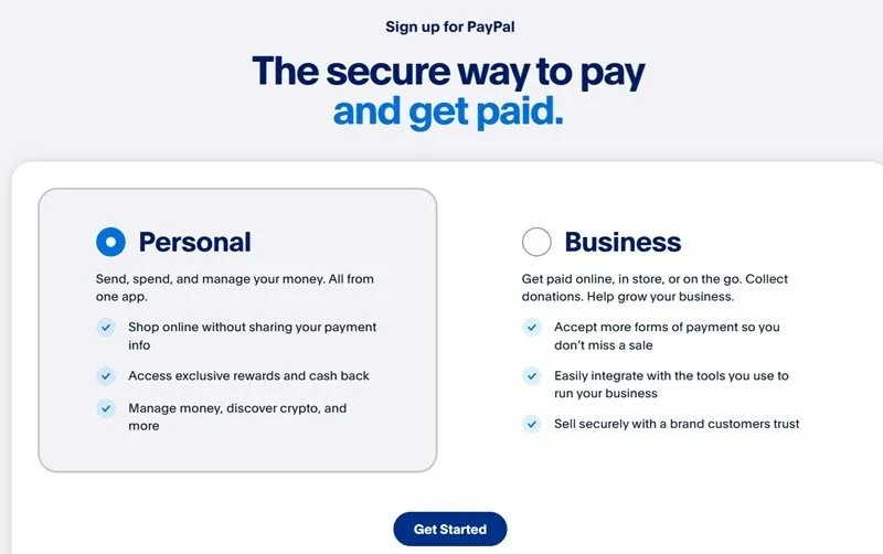 신규 사용자를 위한 무료 PayPal 개인 계정에 가입하세요.