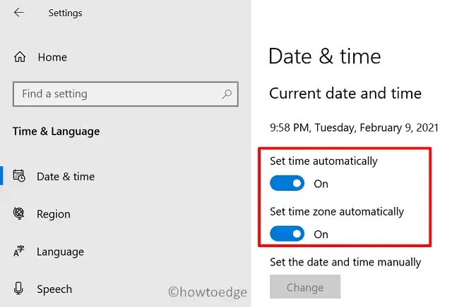 Erro de atualização do Windows 10 0x80072efe - Definir data e hora